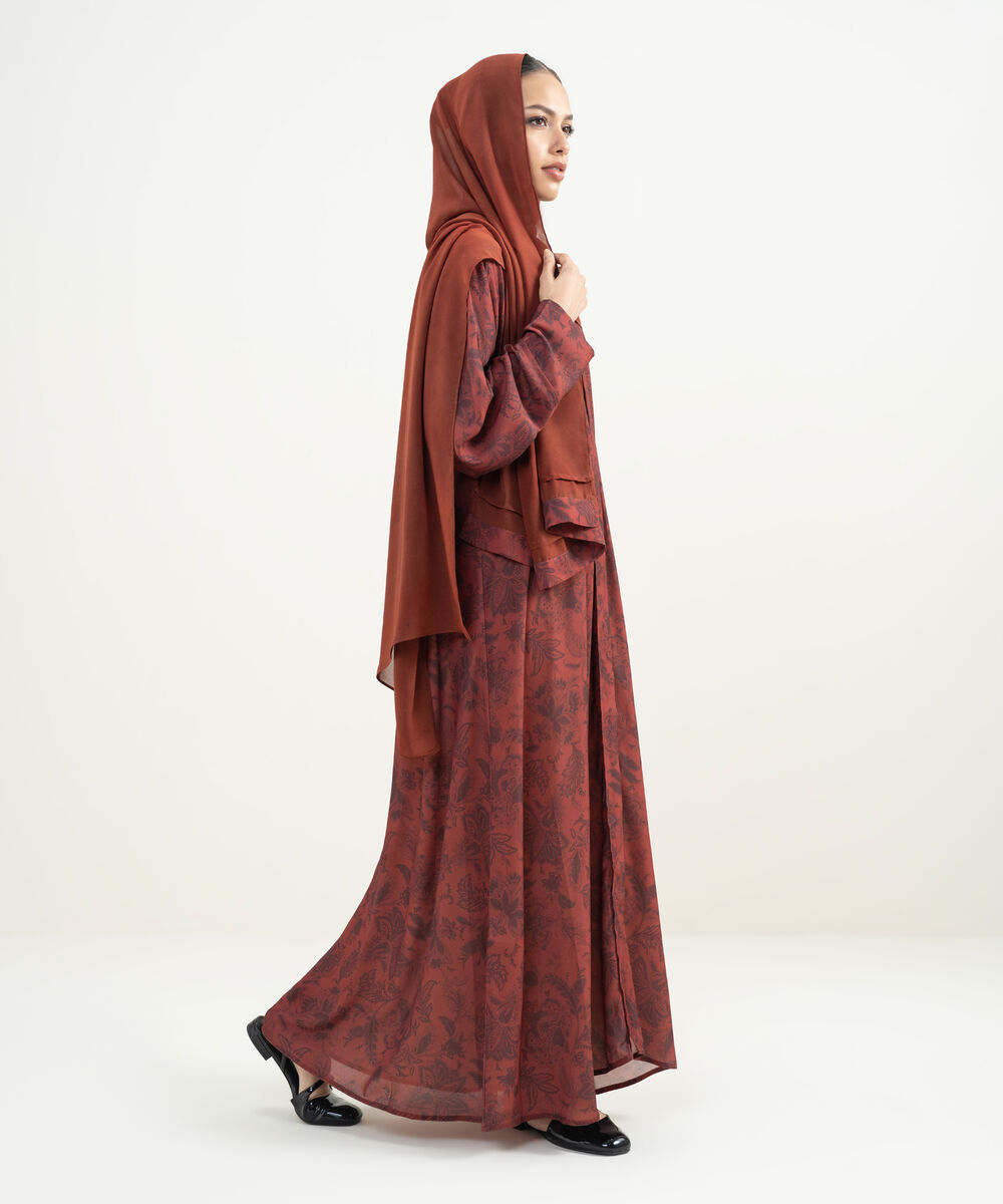 Women's Maroon Printed Abaya Set