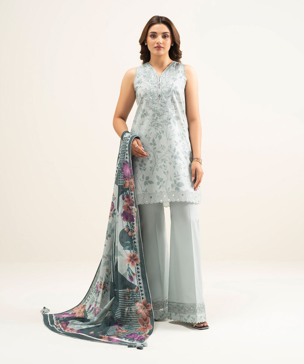 Women's Unstitched Lawn Grey Embroidered 3 Piece Suit