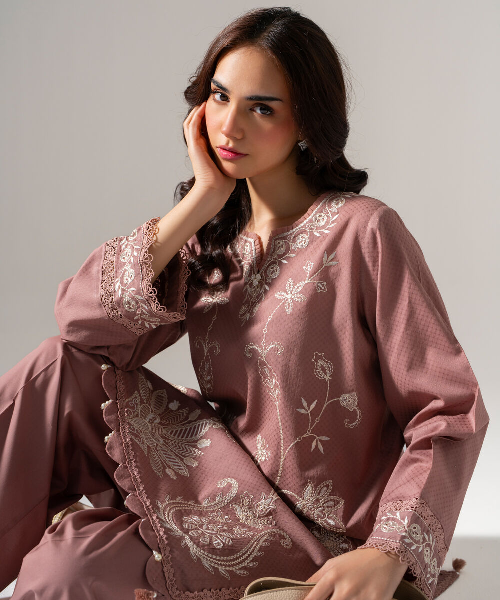 Women's RTW Dobby Solid Embroidered Muted Pink Straight Shirt
