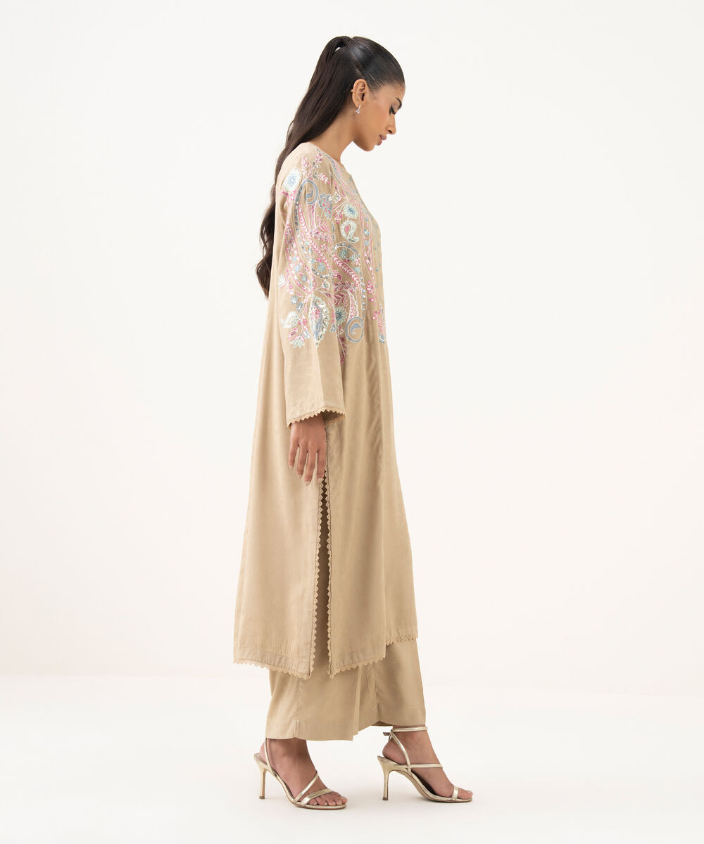 Women's RTW Textured Viscose Embroidered A-Line Beige Shirt