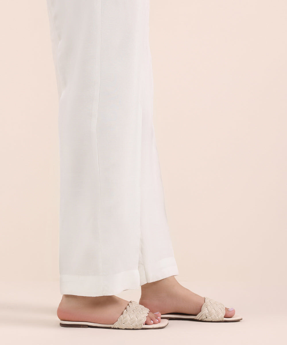 Woman - White Raw Silk Straight Pants