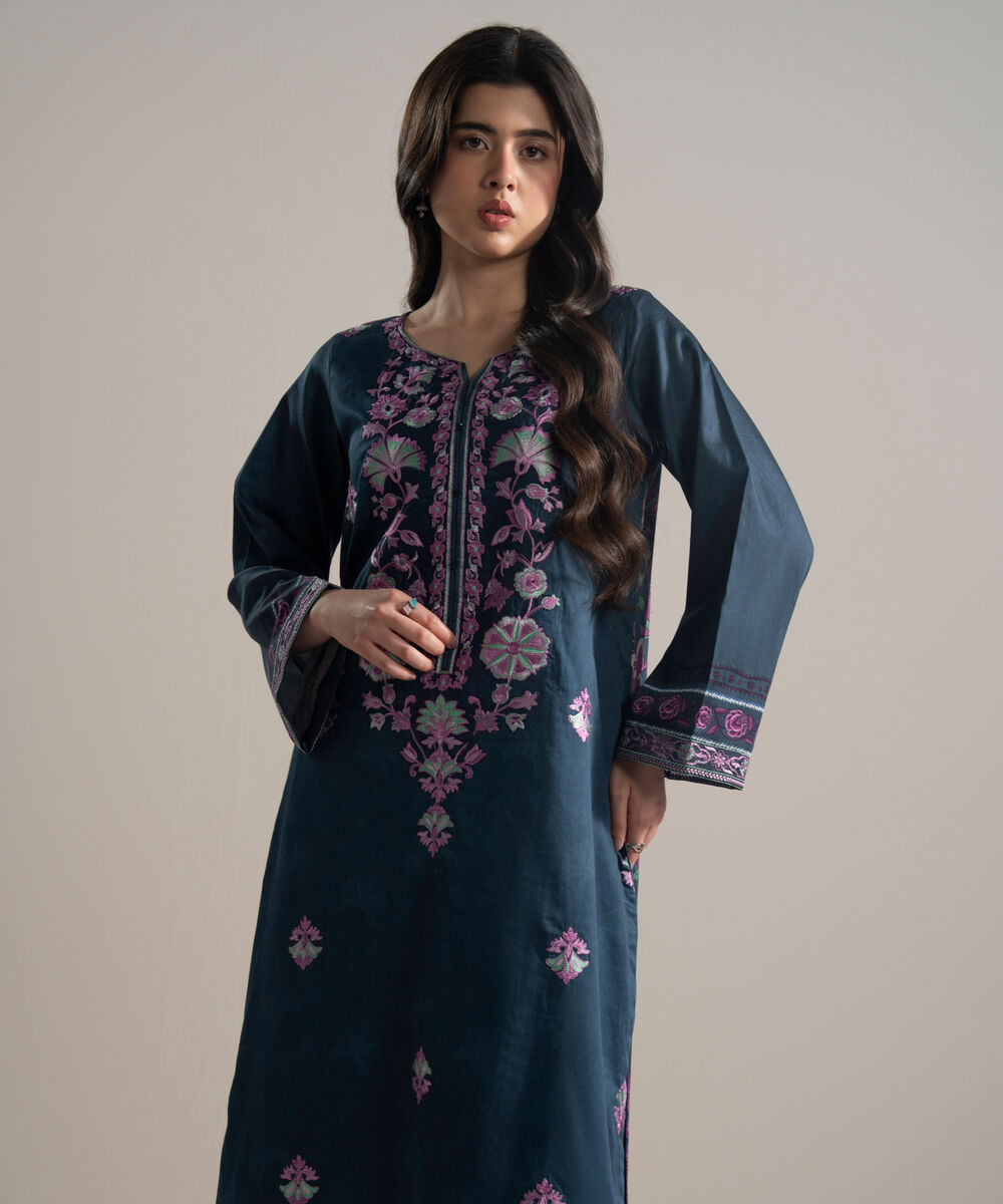 Women's RTW Cotton Satin Embroidered Blue A-Line Shirt