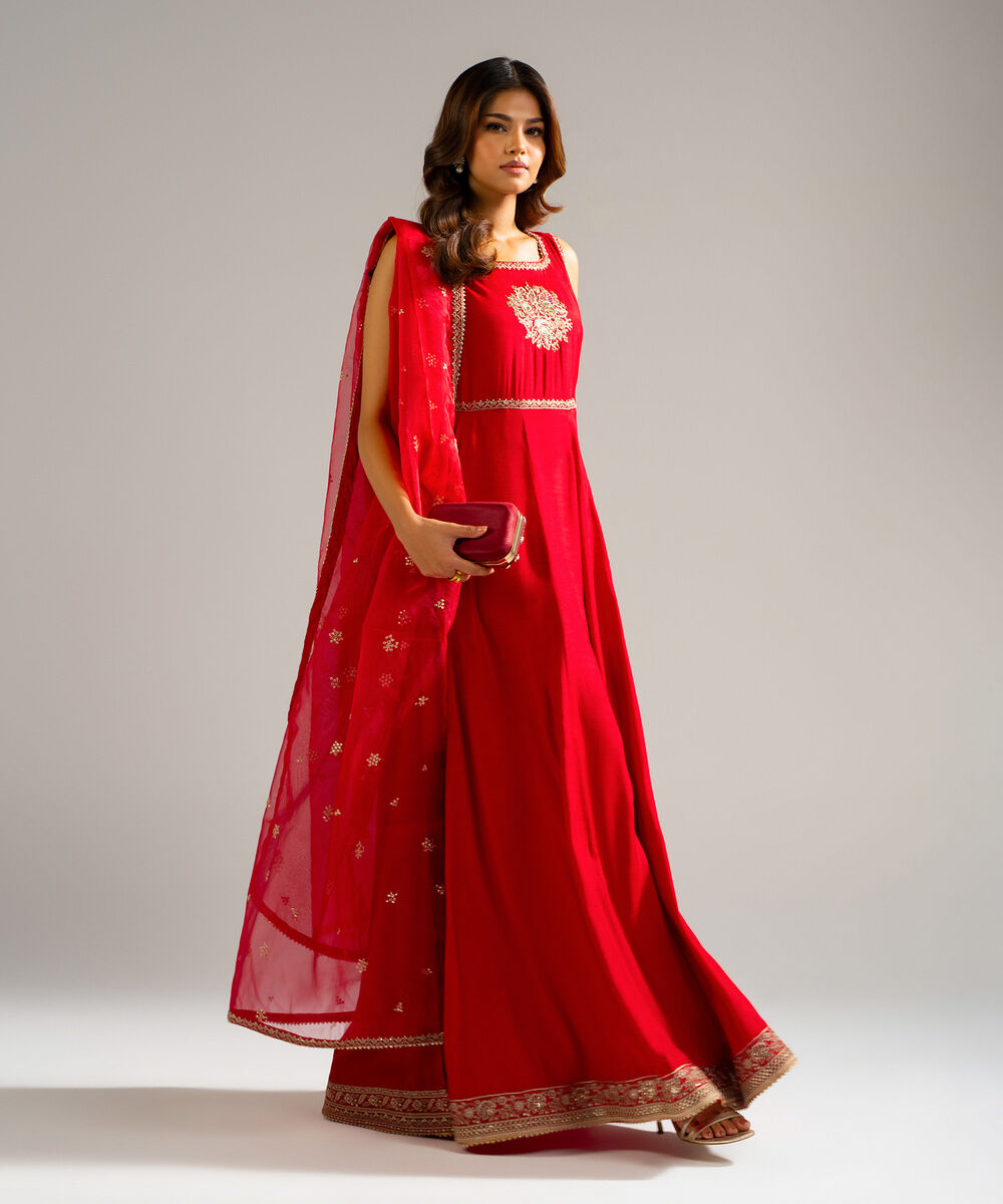 Women's RTW Raw Silk Embroidered Red 2 Piece Suit