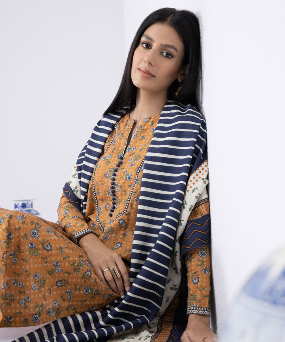 Womens Unstitched Daily Mustard Three Piece