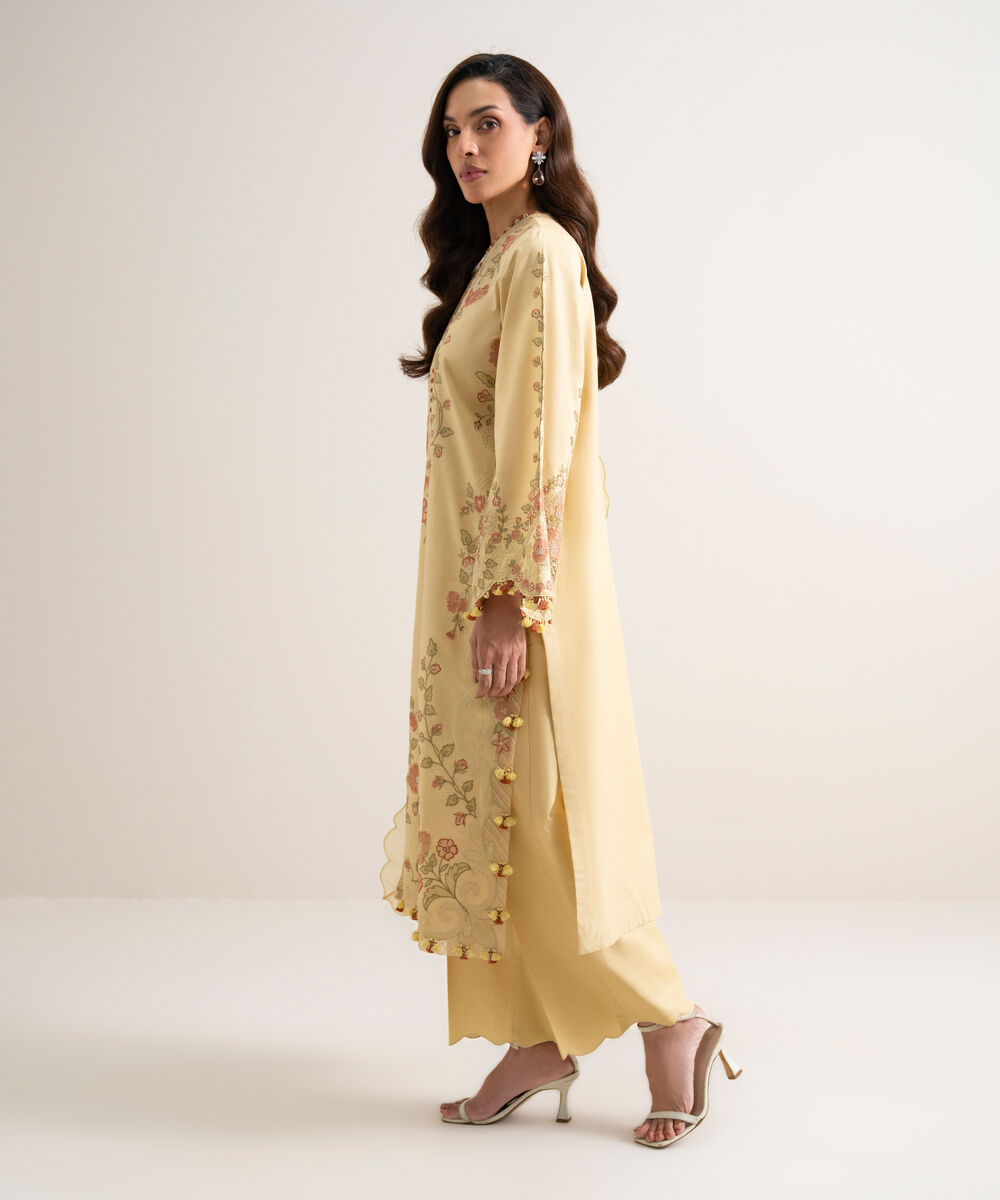 Women's Unstitched Lawn Embroidered Yellow  3 Piece Suit