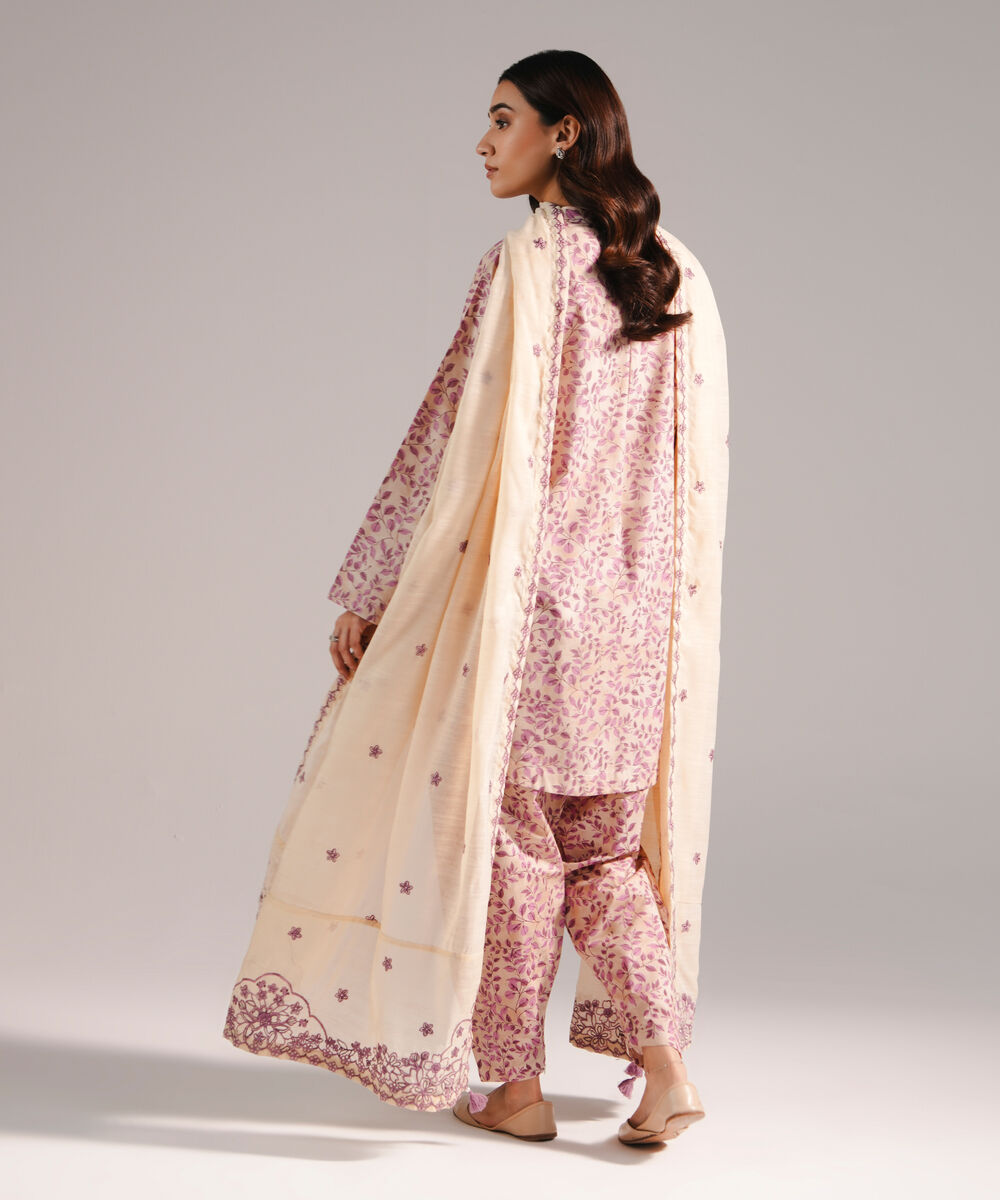 Women's RTW Zari Lawn Printed Beige 3 Piece Suit