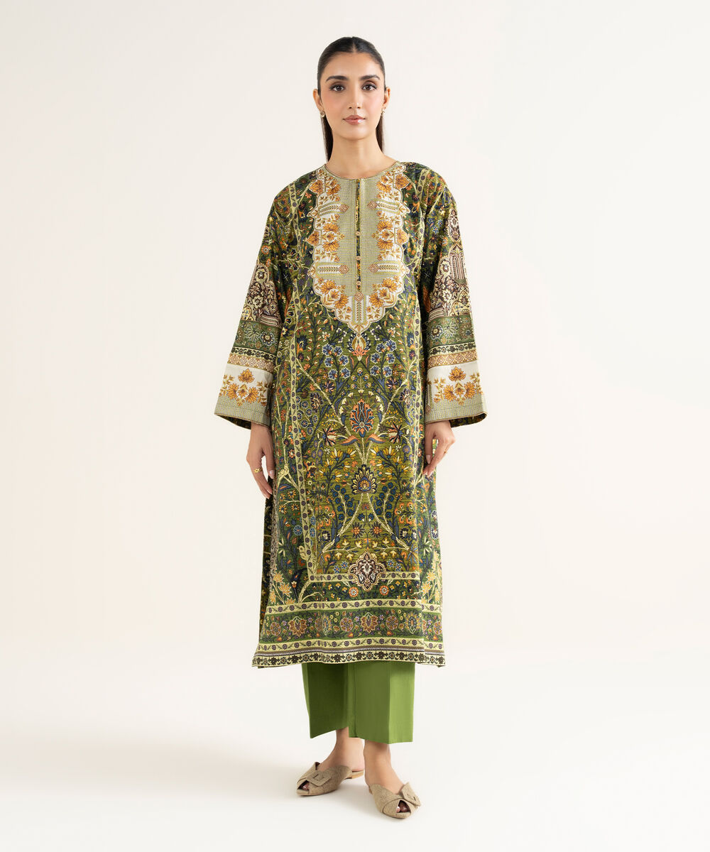 Women's RTW Linen Viscose Embroidered Green A-Line Shirt