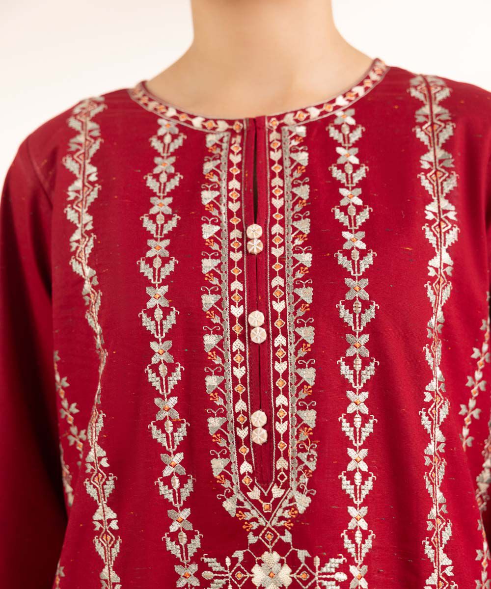 Women's Pret Multineps Red Embroidered A-Line Shirt