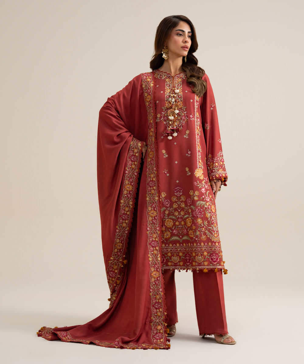 Womens Unstitched Cotton Twill Embroidered Rust 3 Piece Suit