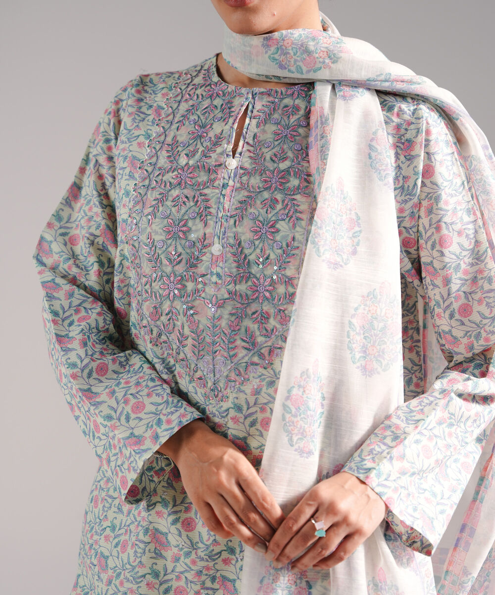 Women's RTW Zari Lawn Embroidered Mint Green 3 Piece Suit