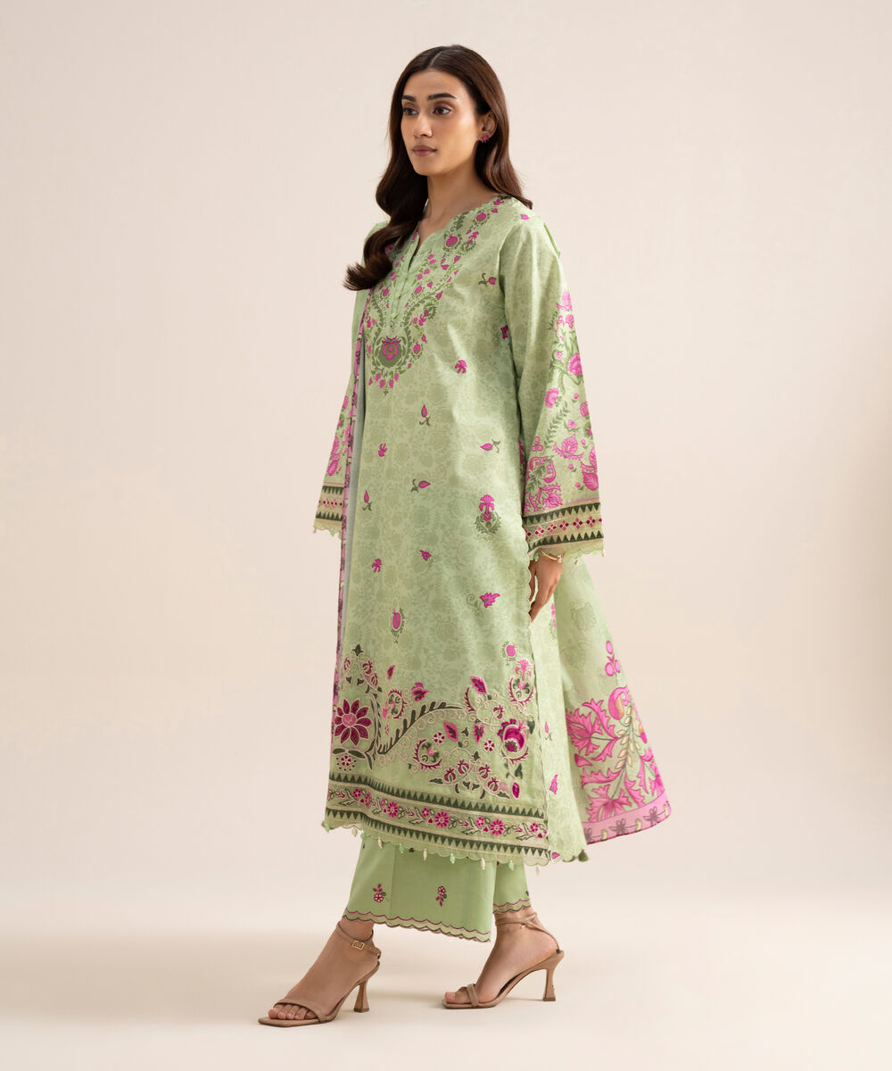 Women's Unstitched Lawn Embroidered Green 3 Piece Suit
