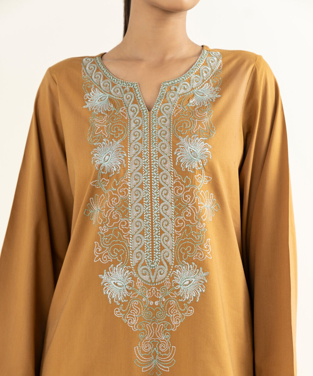 Women's RTW Linen Viscose Embroidered Mustard Straight Shirt