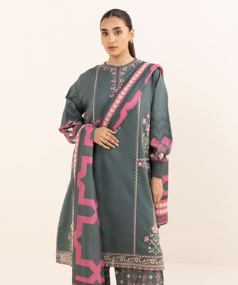 Women's Unstitched Lawn Embroidered Grey Three Piece Suit