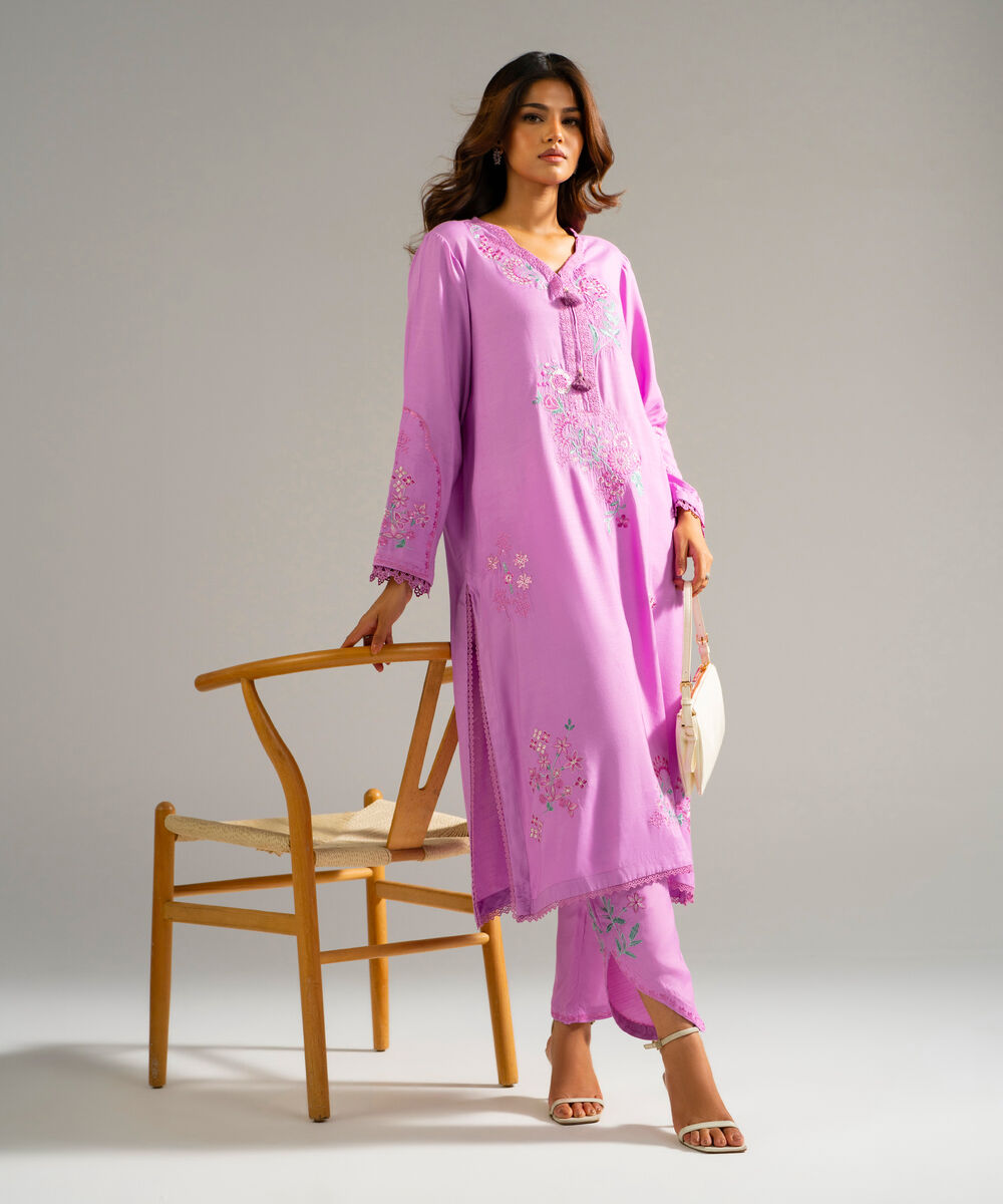 Women's RTW Raw Silk Embroidered Lilac 2 Piece Suit
