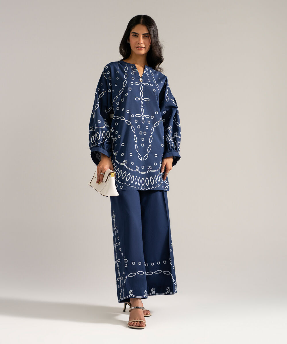Women's RTW Slub Lawn Printed Blue 2 Piece Suit