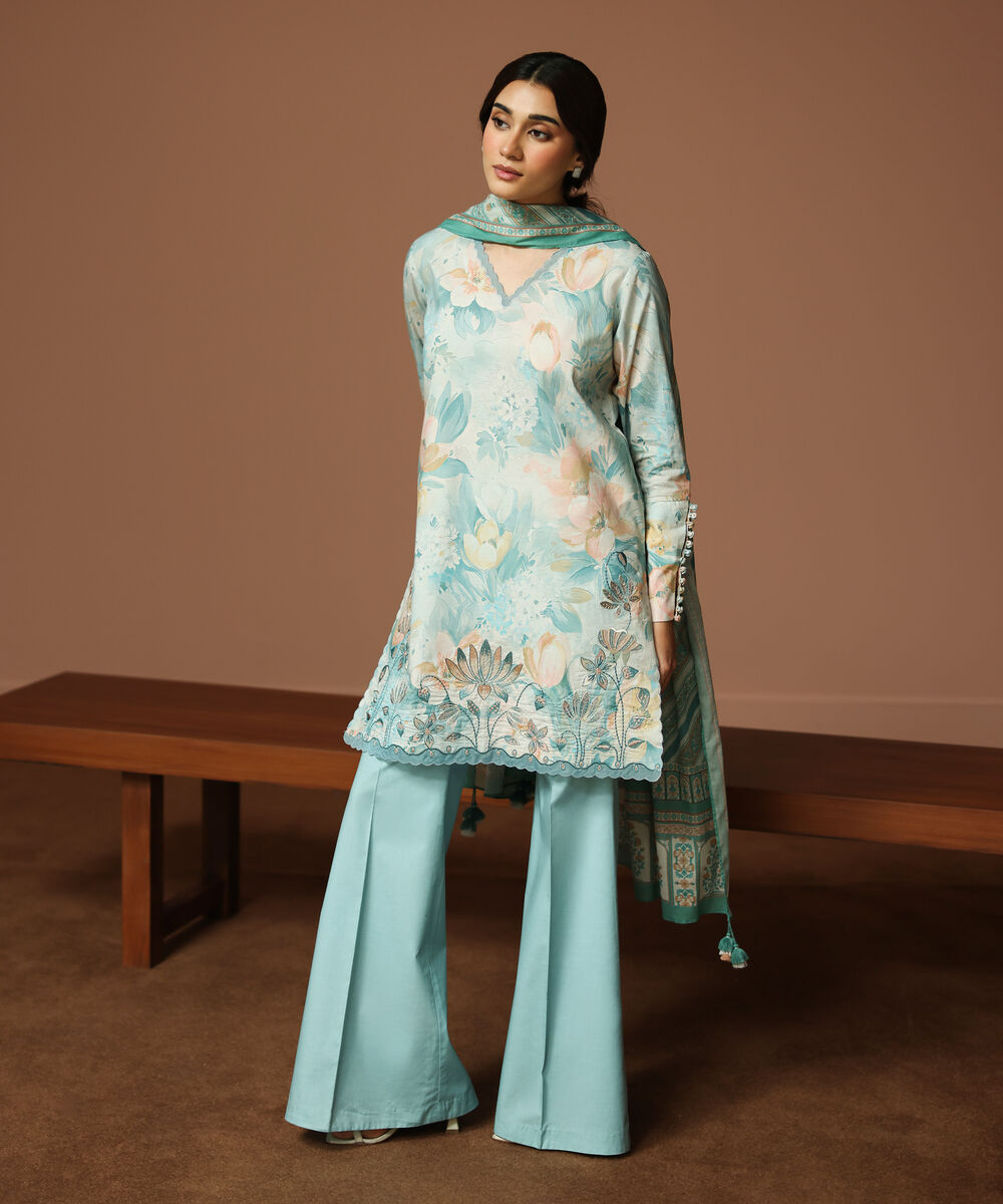 Women's Unstitched Textured Lawn Embroidered Blue 3 Piece Suit