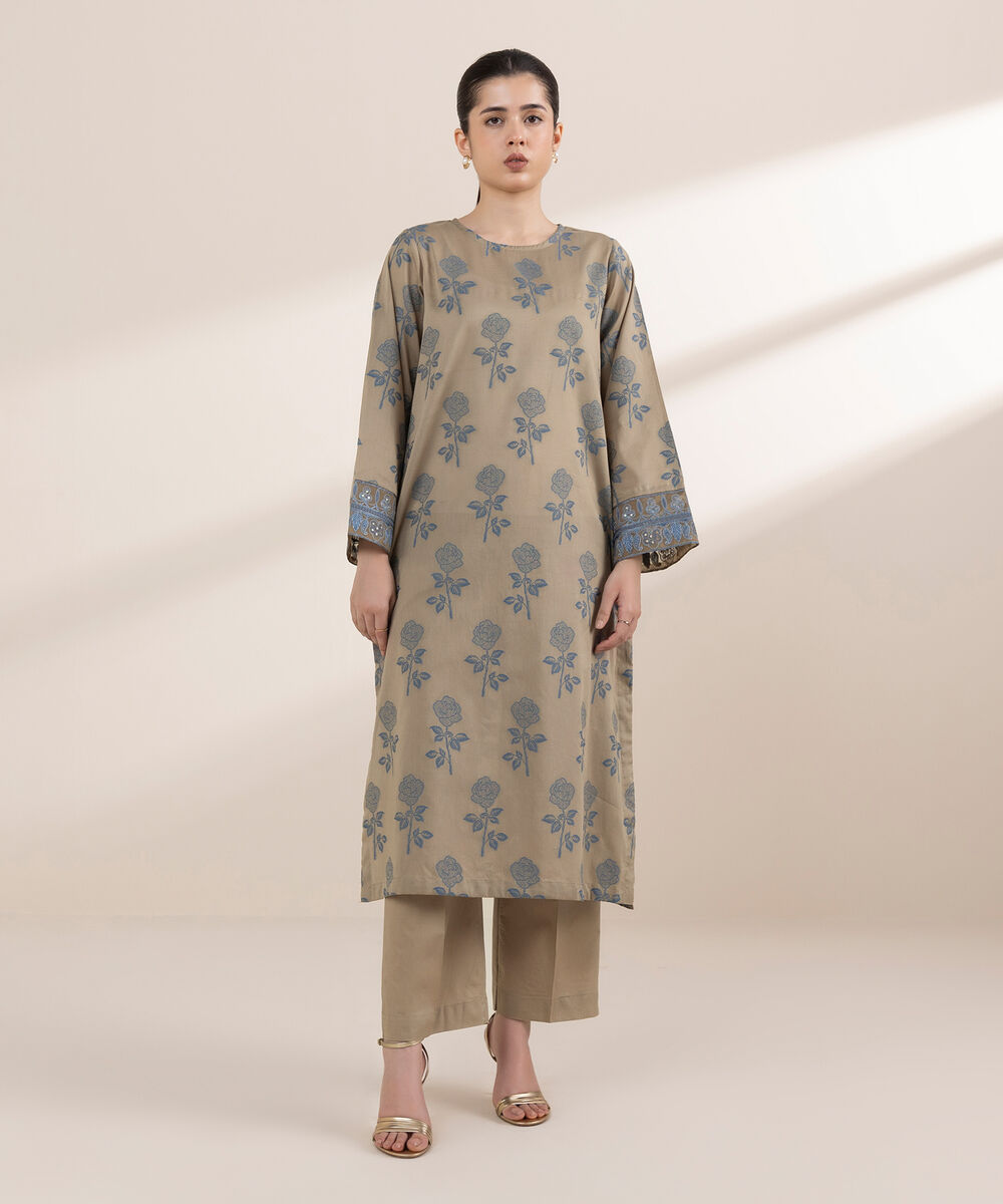 Women's RTW Extra Weft Jacquard Beige Solid A-Line Shirt