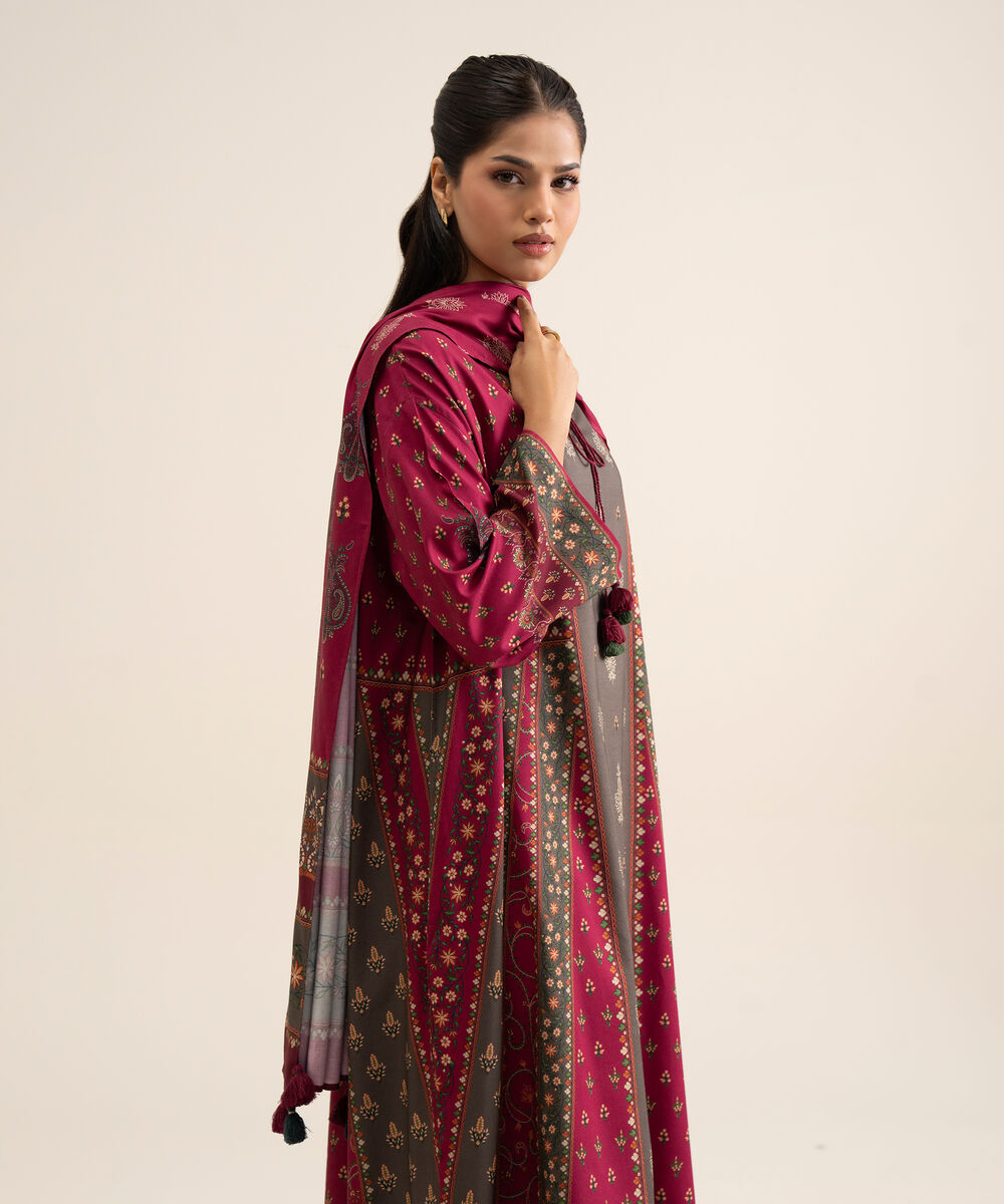 Women's Unstitched Viscose Linen Printed Magenta 3 Piece Suit