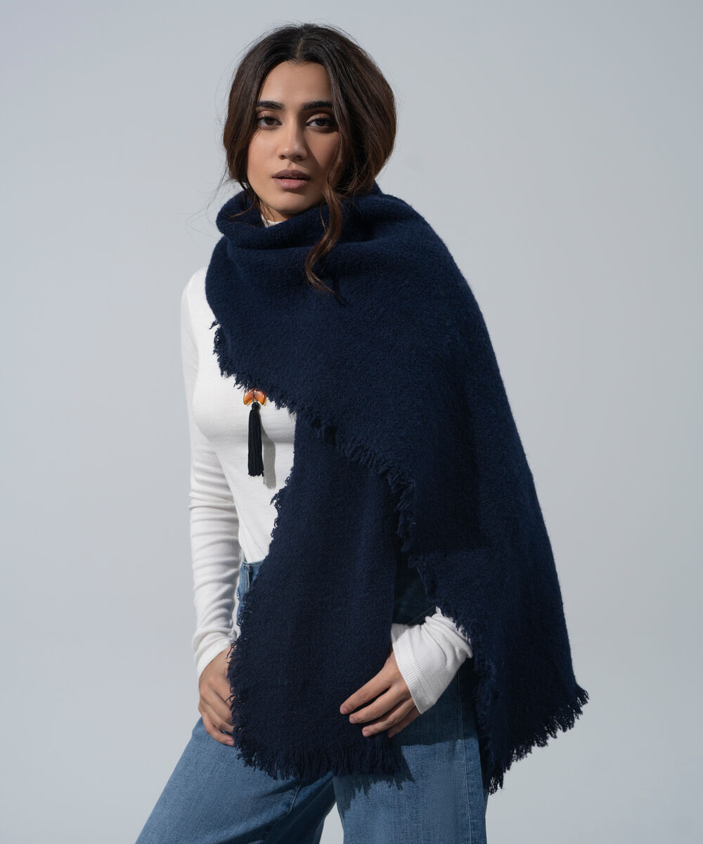 Women's Western Wear Navy Blue Polyester Solid Woolen Scarf