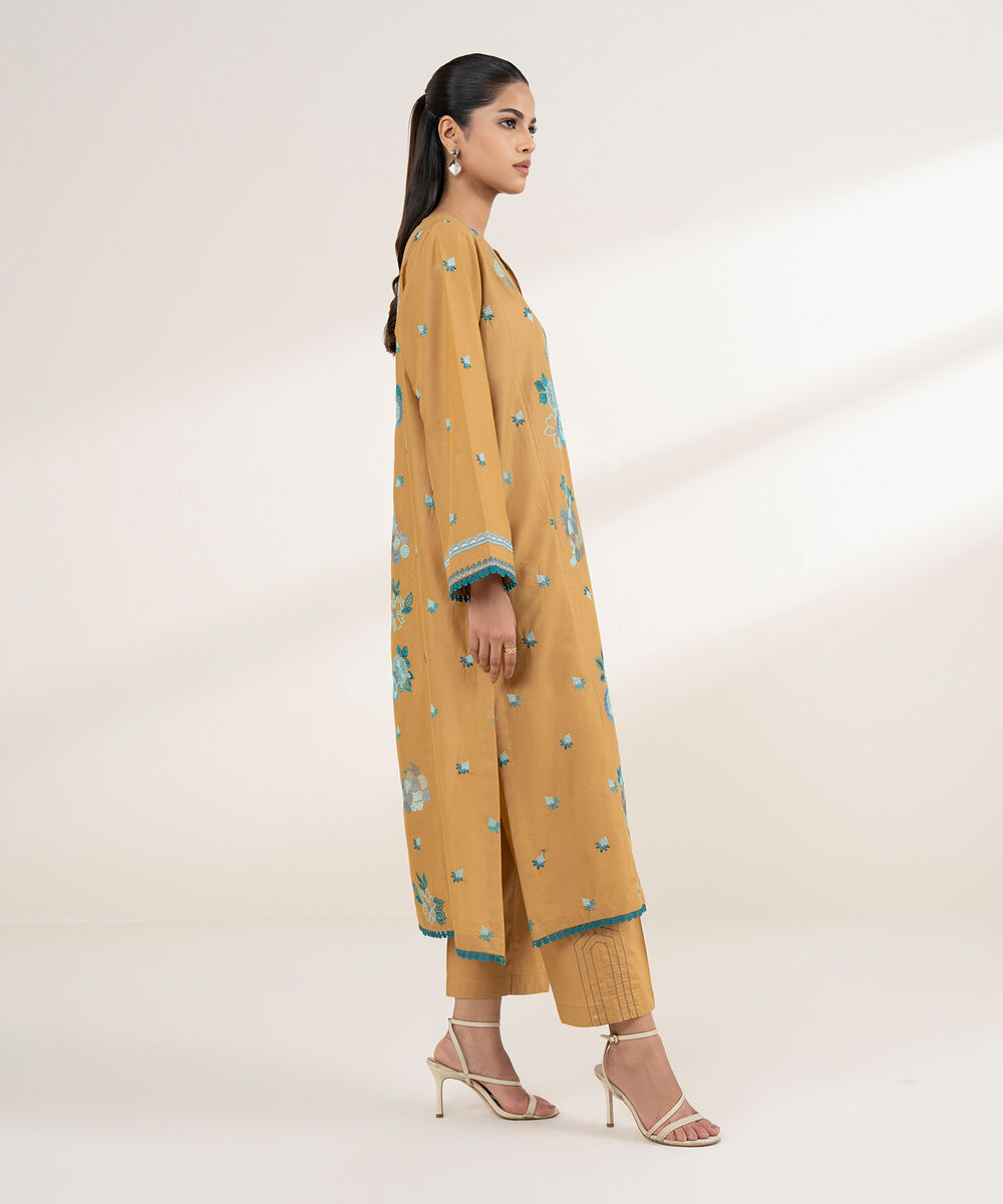 Women's RTW Lawn Brown Embroidered A-Line Shirt