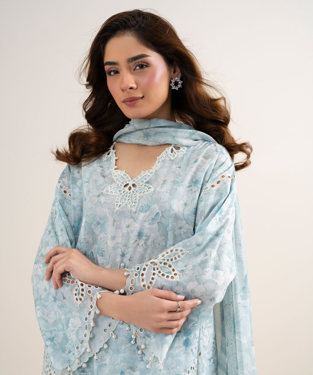 Women's Unstitched Lawn Embroidered Blue 3 Piece Suit