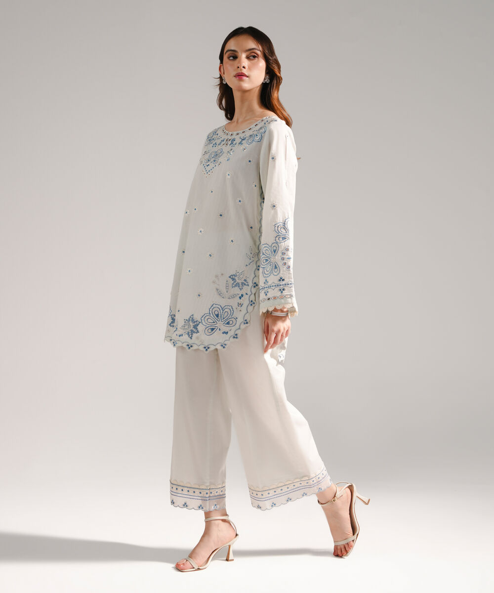 Women's RTW Textured Cotton Embroidered Light Blue 2 Piece Suit