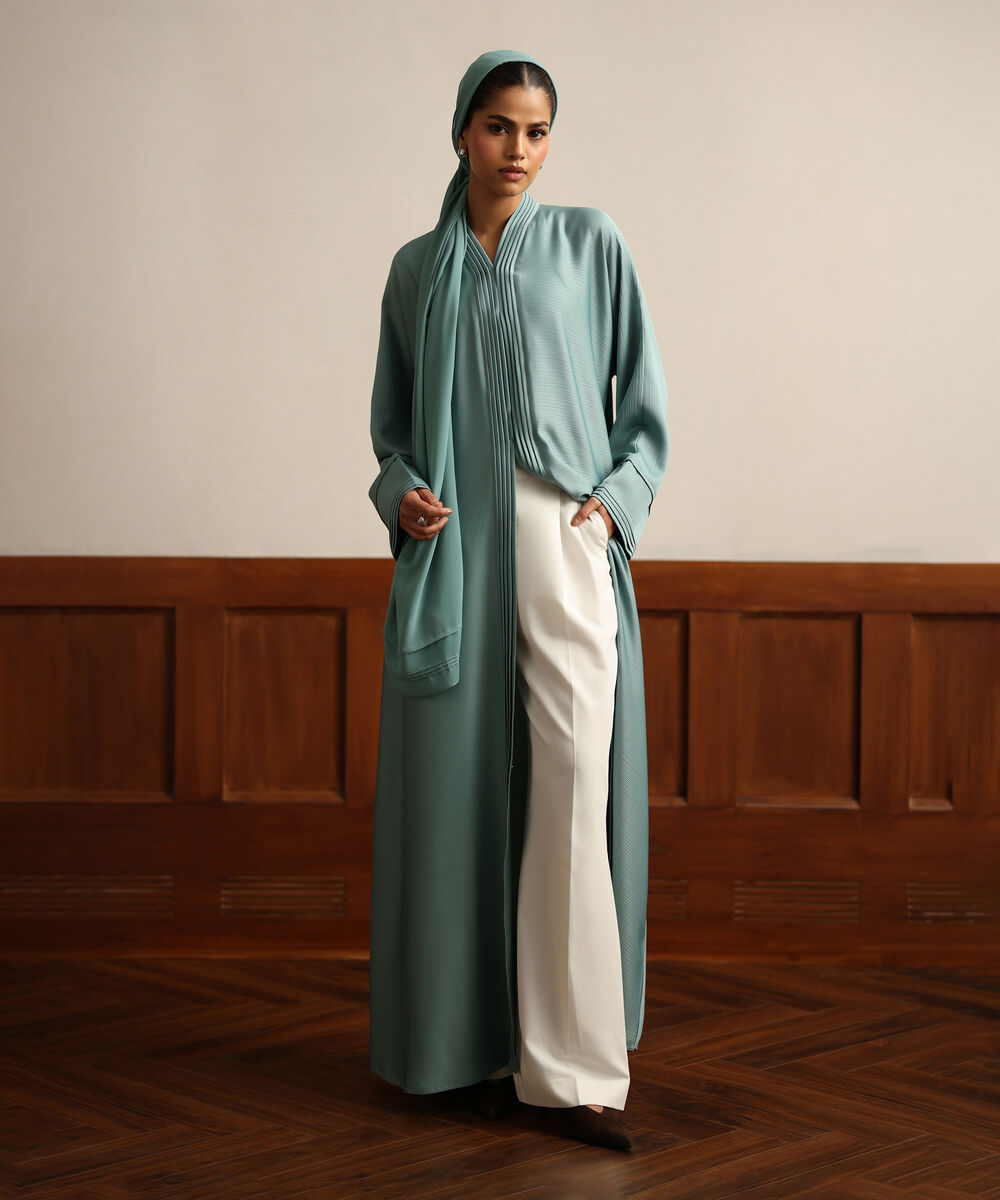 Women's Light Blue Pleated Button Through Abaya Set