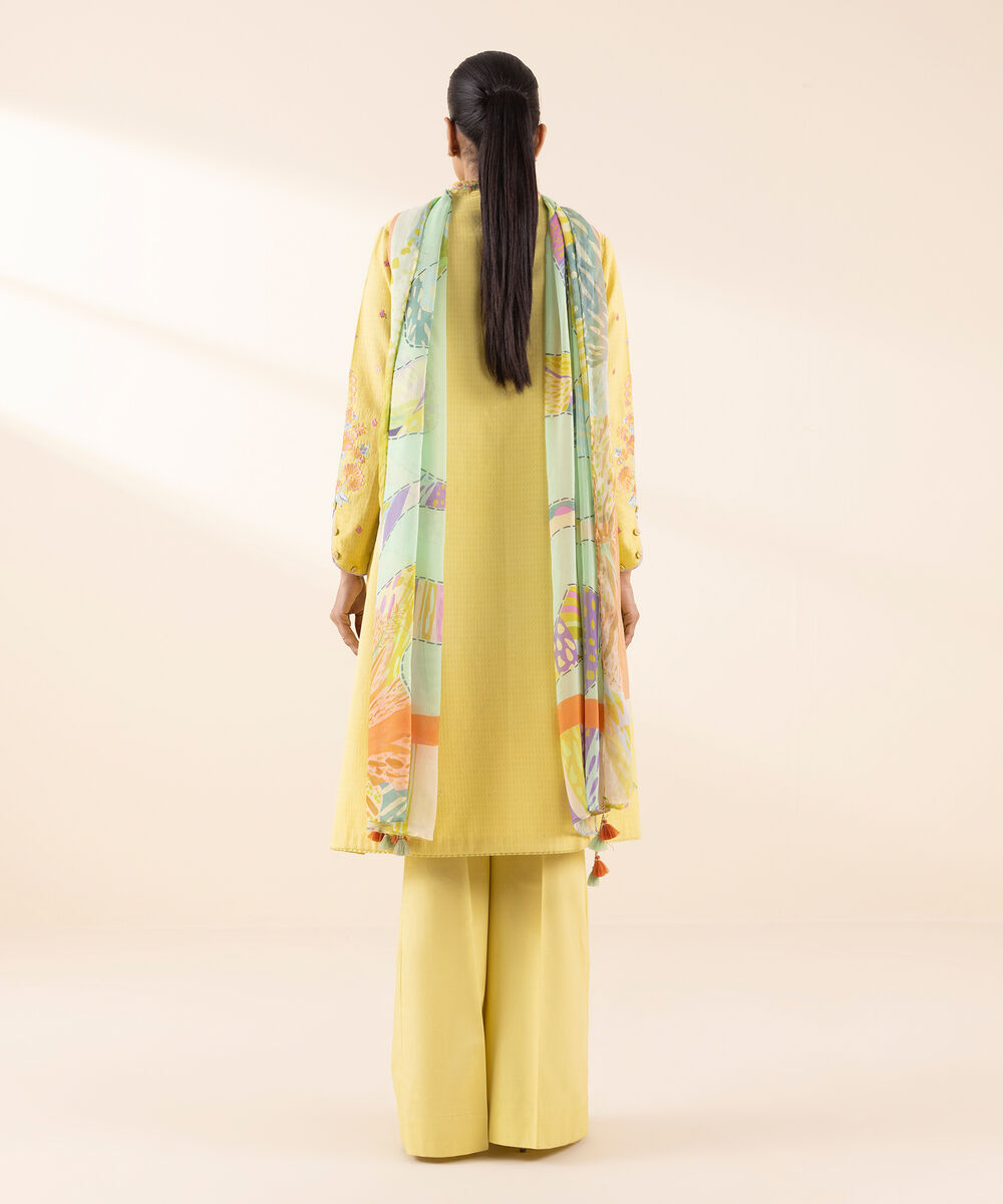 Women's Unstitched Dobby Embroidered Yellow 3 Piece Suit