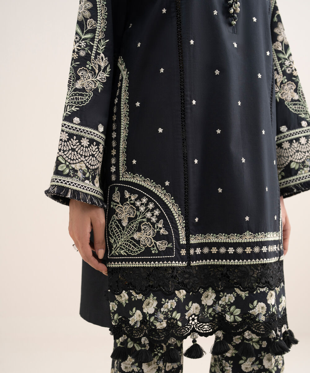 Women's Unstitched Textured Lawn Embroidered Black 3 Piece Suit