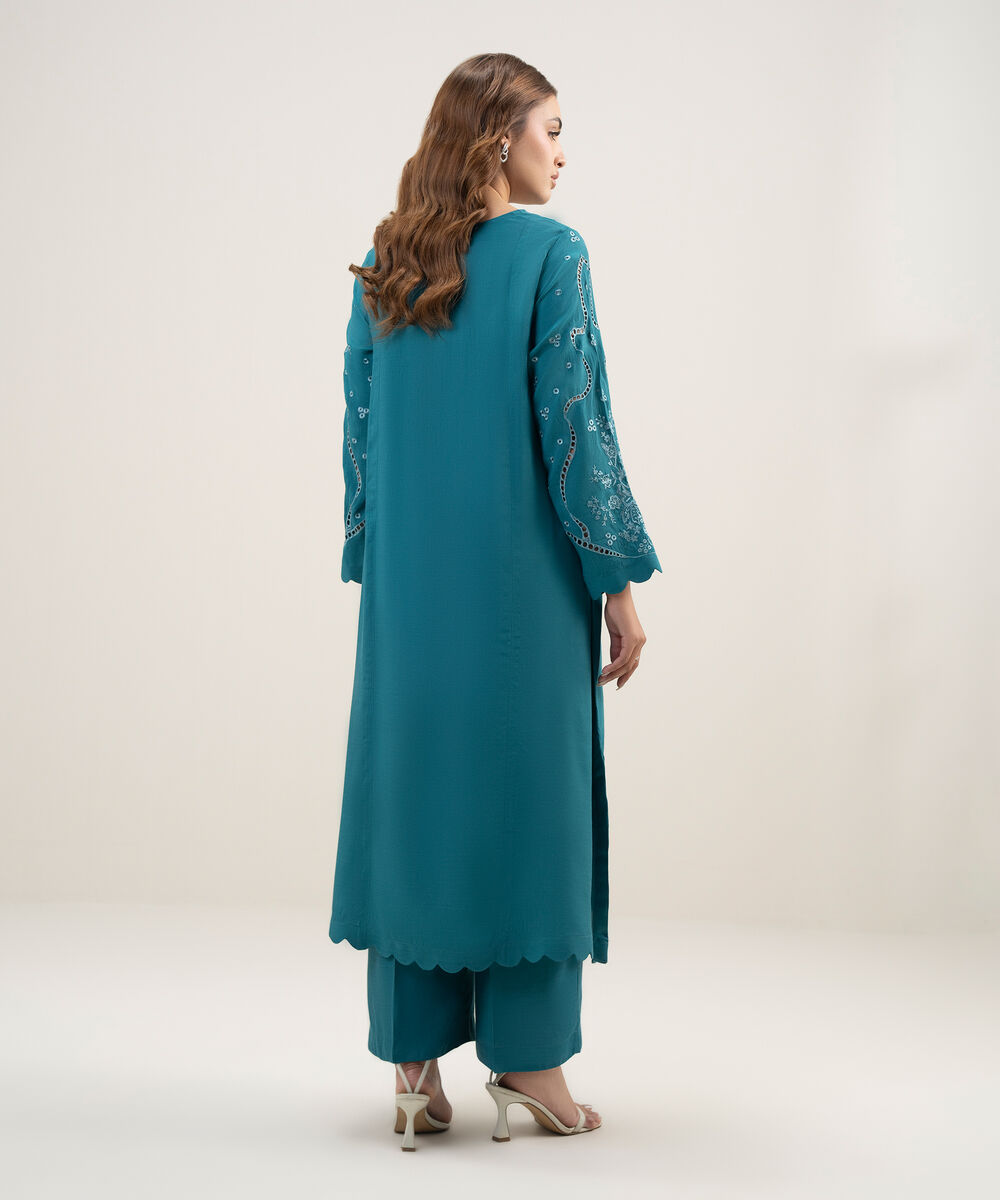 Women's RTW Viscose Raw Silk Embroidered Teal 2 Piece Suit