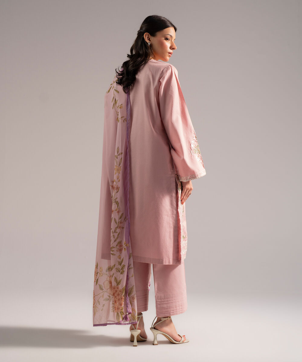 Women's RTW Dobby Embroidered Beige 3 Piece Suit
