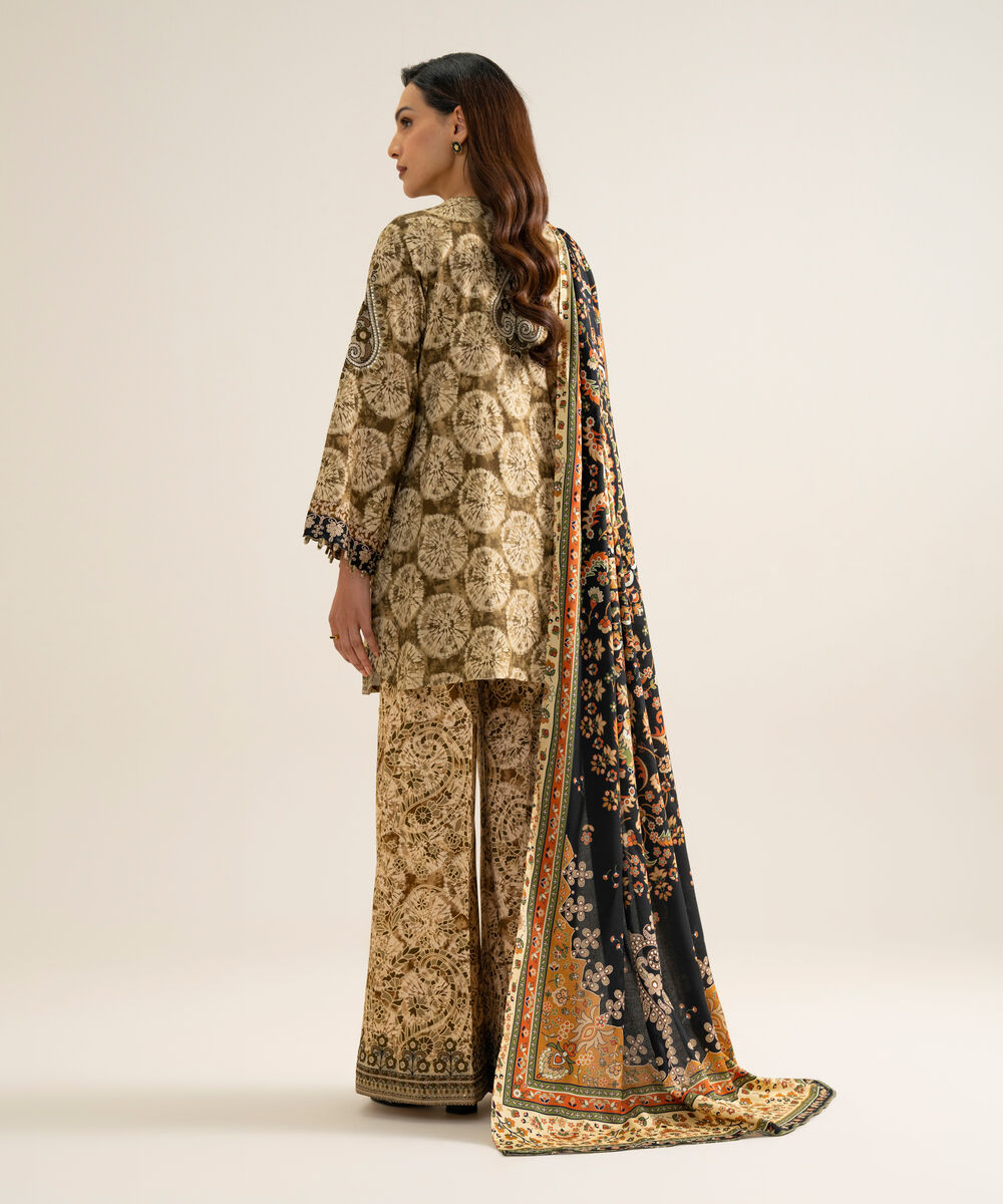 Women's Unstitched Linen Printed Beige 3 Piece Suit