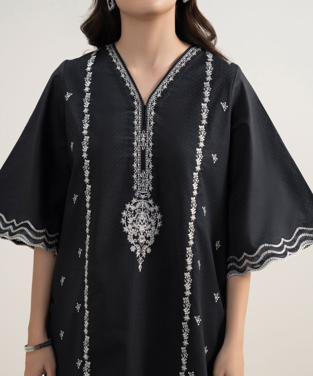 Women's Unstitched Dobby Embroidered Black 3 Piece Suit