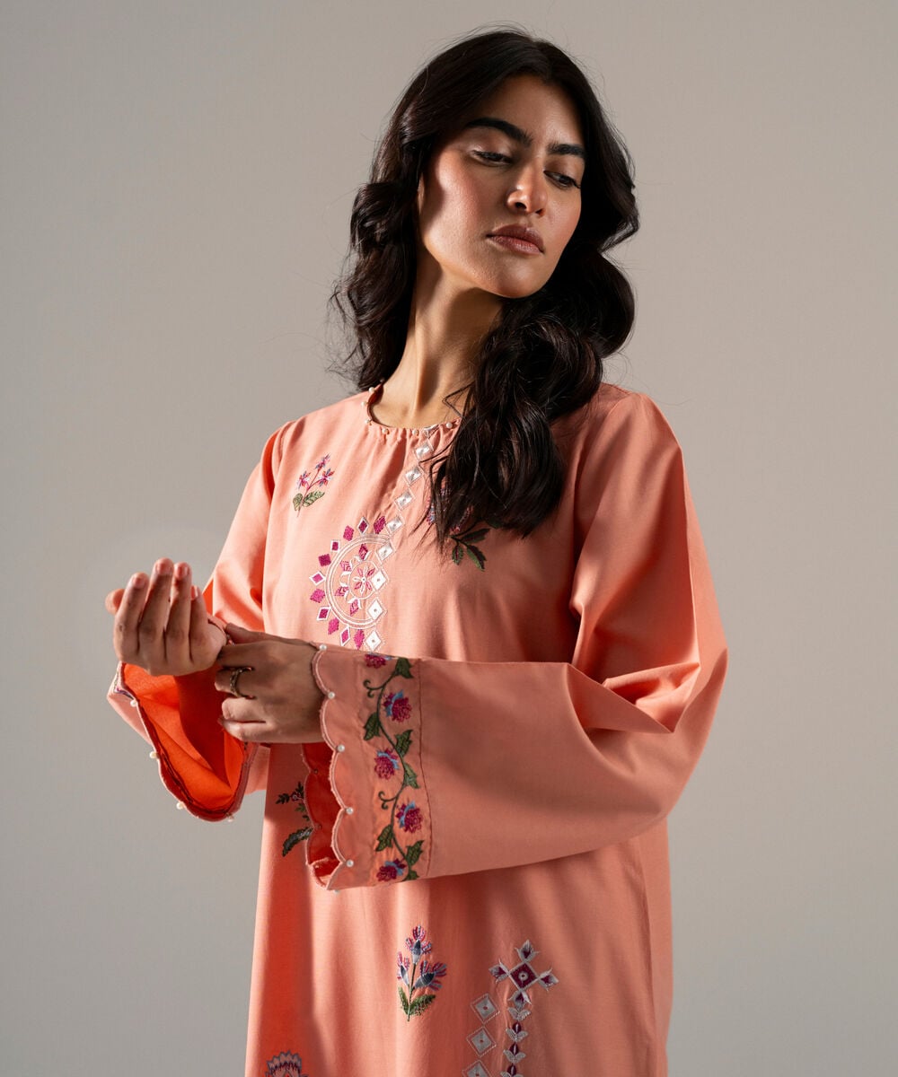 Women's RTW Solid Embroidered Peach Cotton Viscose Shirt