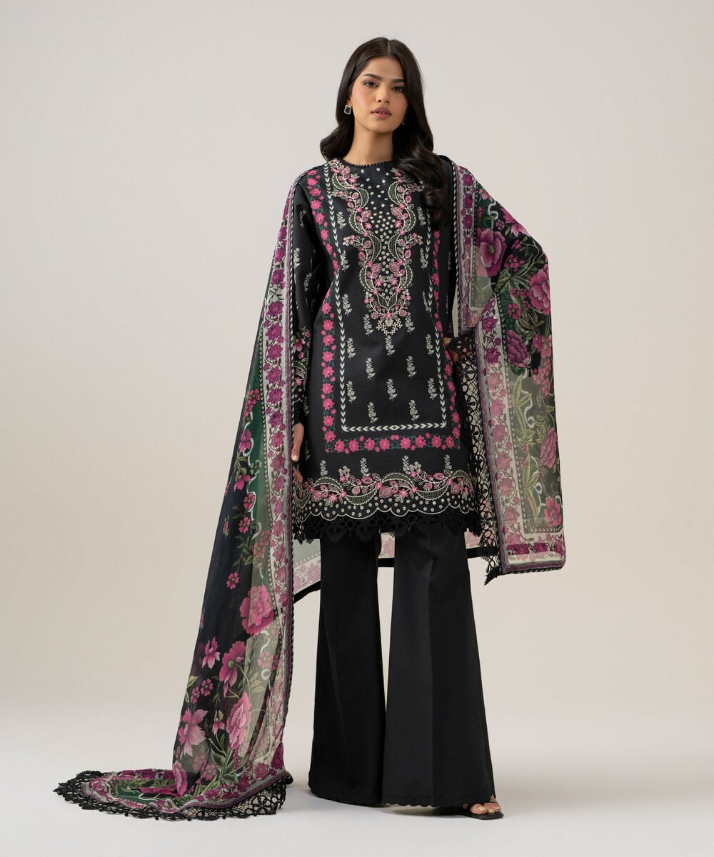 Women's Unstitched Bemberg Tissue Printed Black 3 Piece Suit