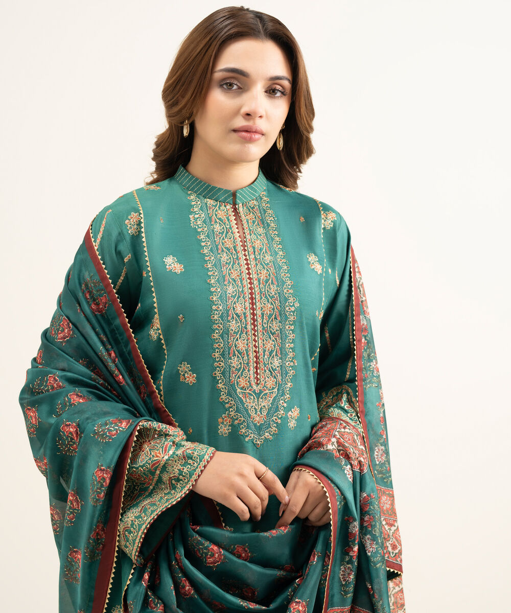 Women's Unstitched Blended Raw Silk Embroidered Green 3 Piece Suit