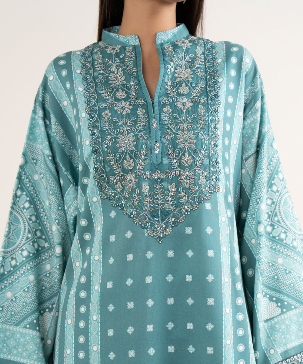 Women's Unstitched Fine Cotton Satin Embroidered Blue 3 Piece Suit