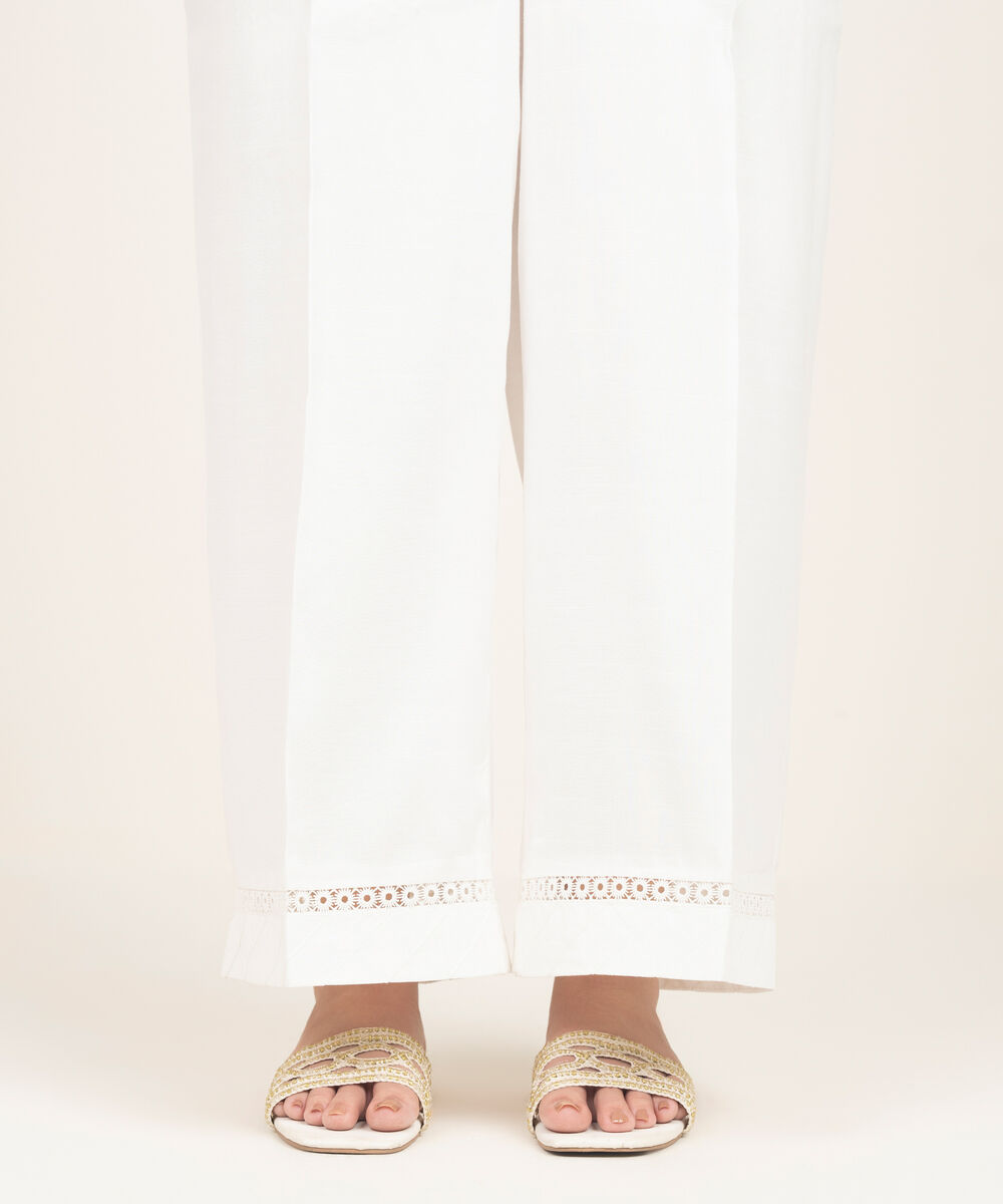 Women's RTW Viscose Raw Silk Solid White Culottes