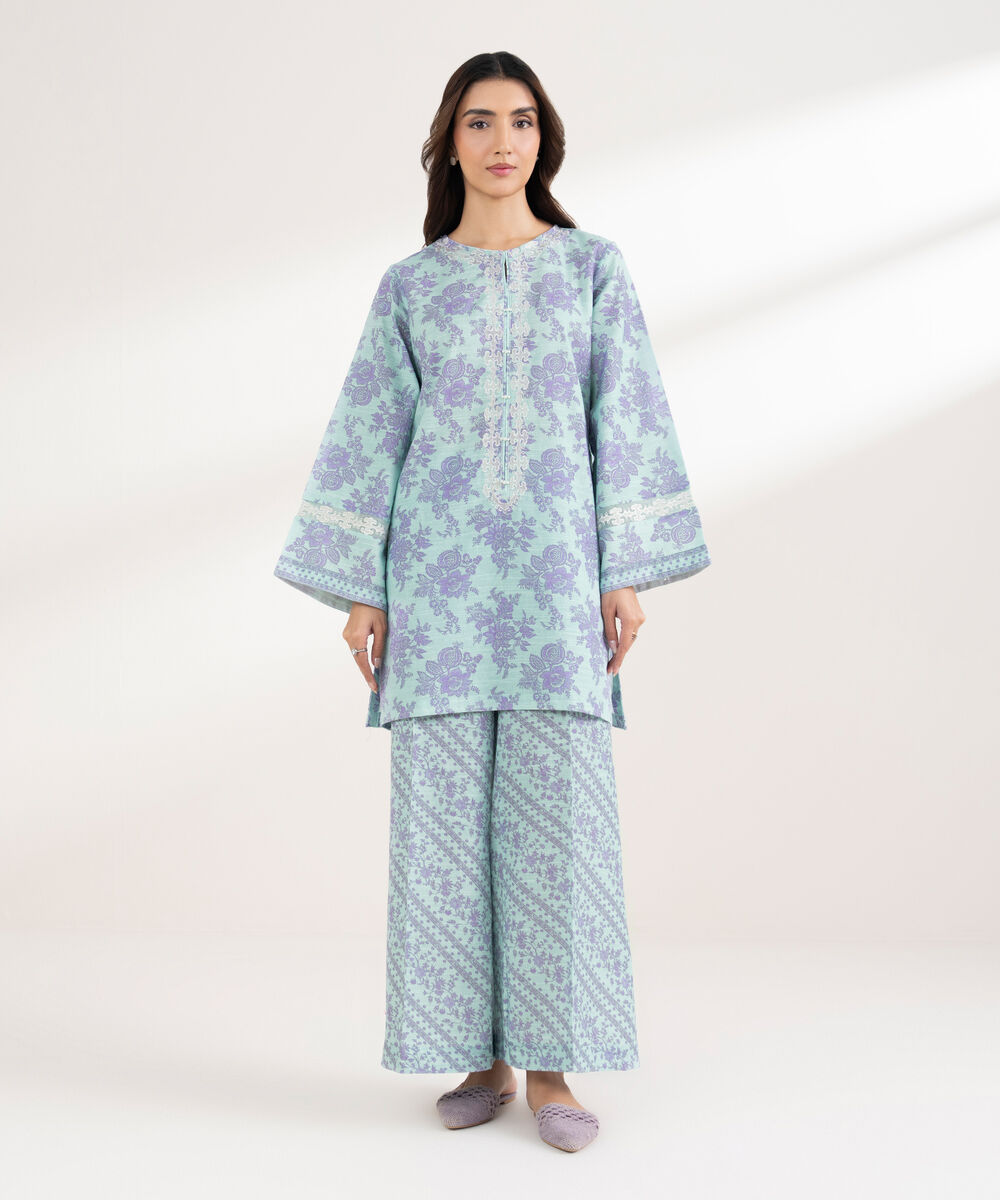 Women's RTW Light Khaddar Embroidered Straight Blue Shirt