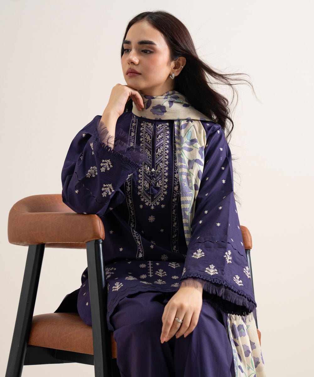 Women's Unstitched Lawn Embroidered Blue  3 Piece Suit