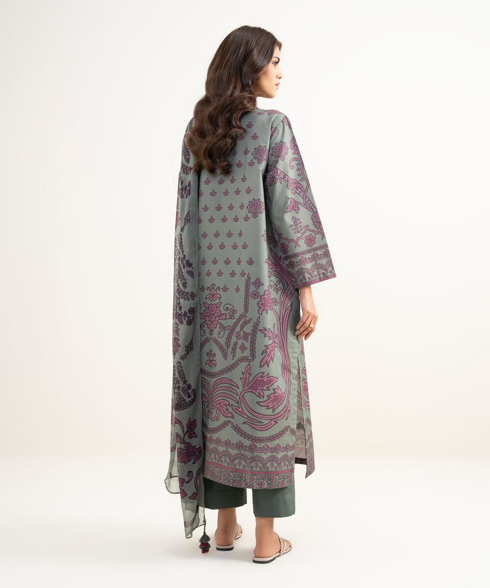 Women's Unstitched Zari Lawn Printed Grey 3 Piece Suit