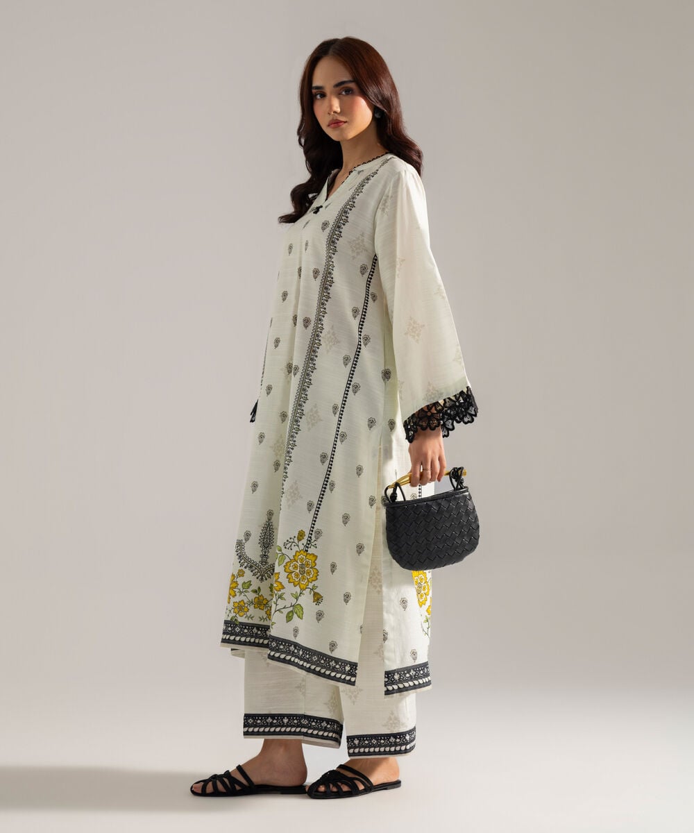 Women's RTW Printed White Khaddar A-Line Shirt