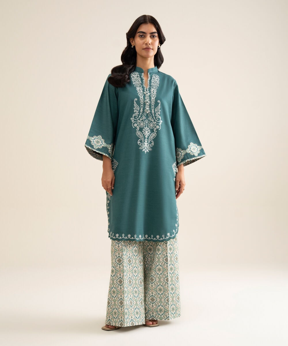 Women's Unstitched Light Khaddar Embroidered Teal Blue 2 Piece Suit