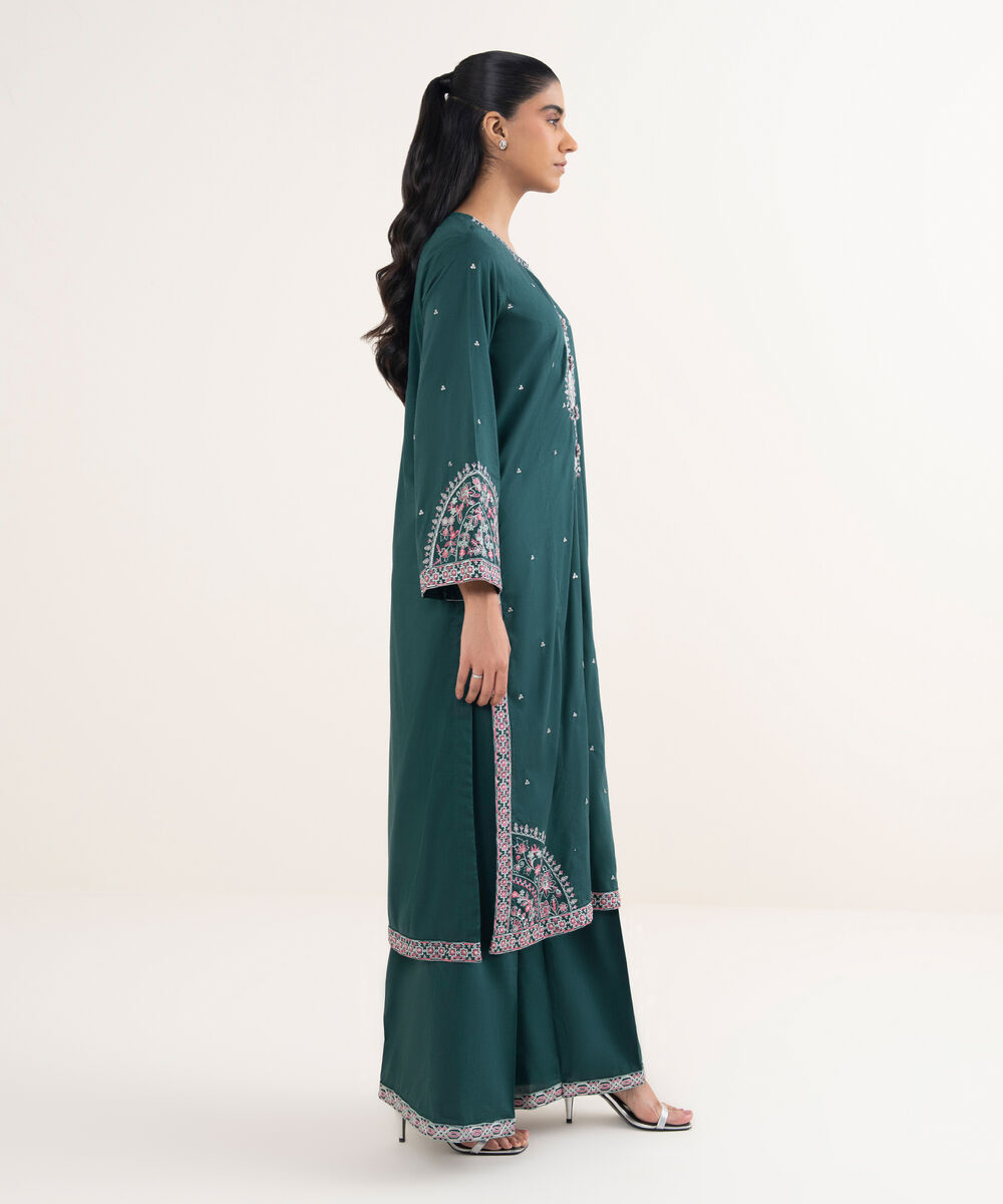 Women's RTW Cotton Viscose Embroidered Green A-Line Shirt