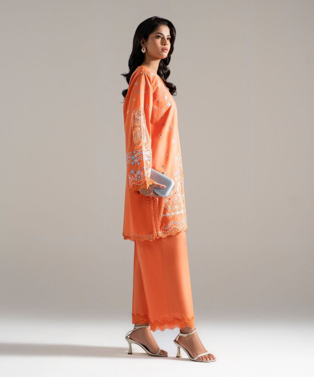 Women's RTW Lawn Embroidered Orange 2 Piece Suit