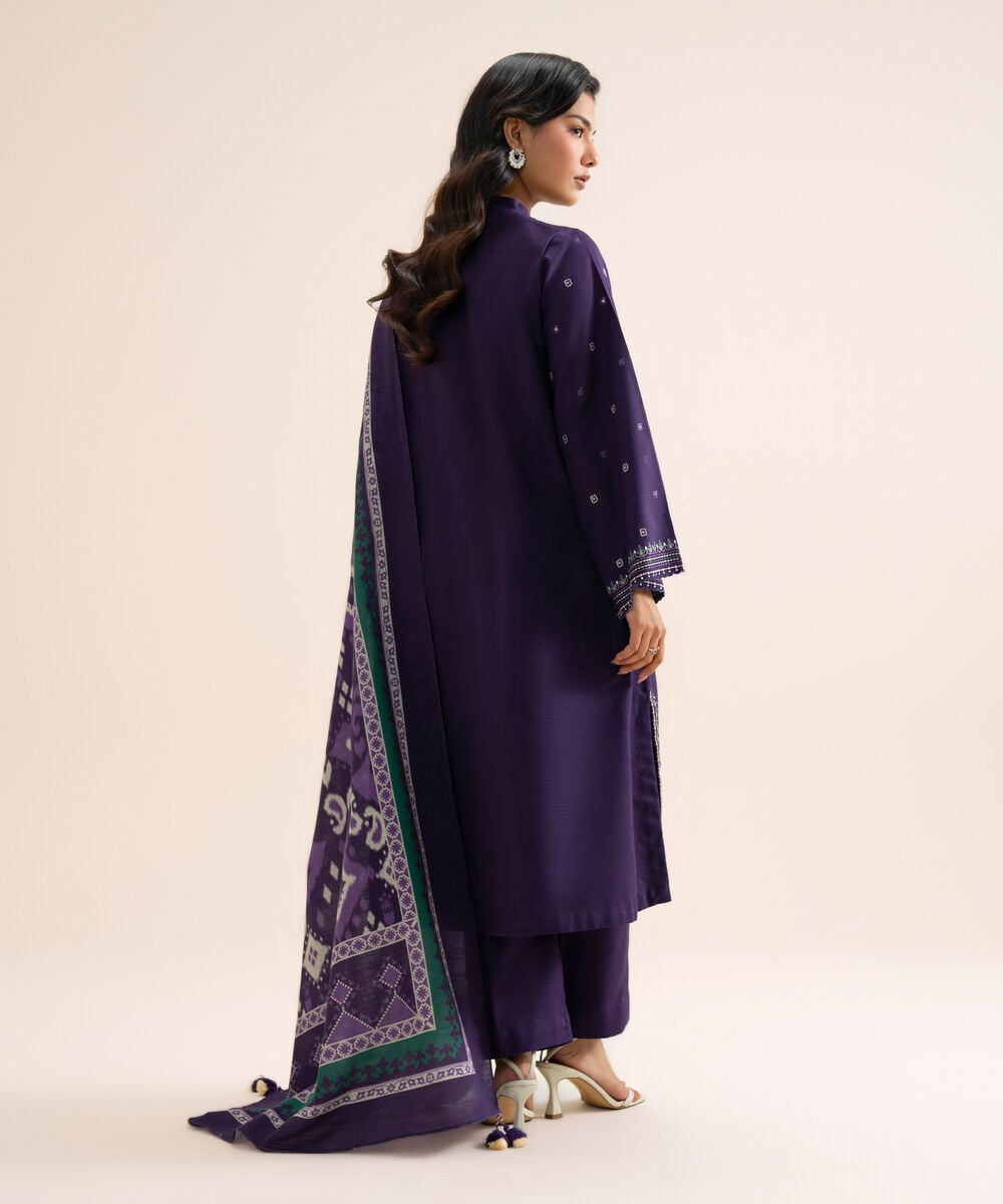Women's Unstitched Light Khaddar Embroidered Purple 3 Piece Suit