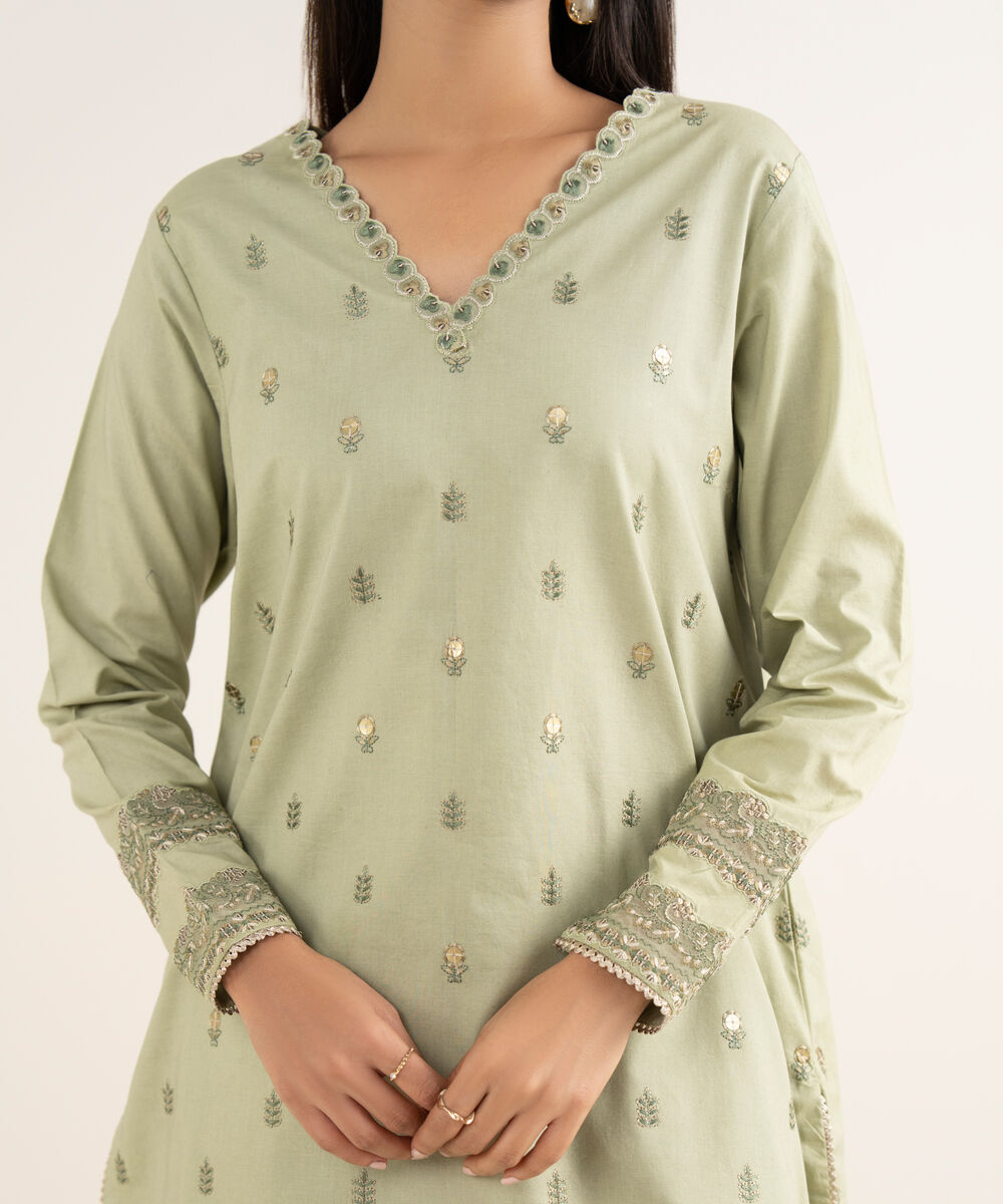 Women's Unstitched Embroidered Cotton Moss Green 3 Piece Suit