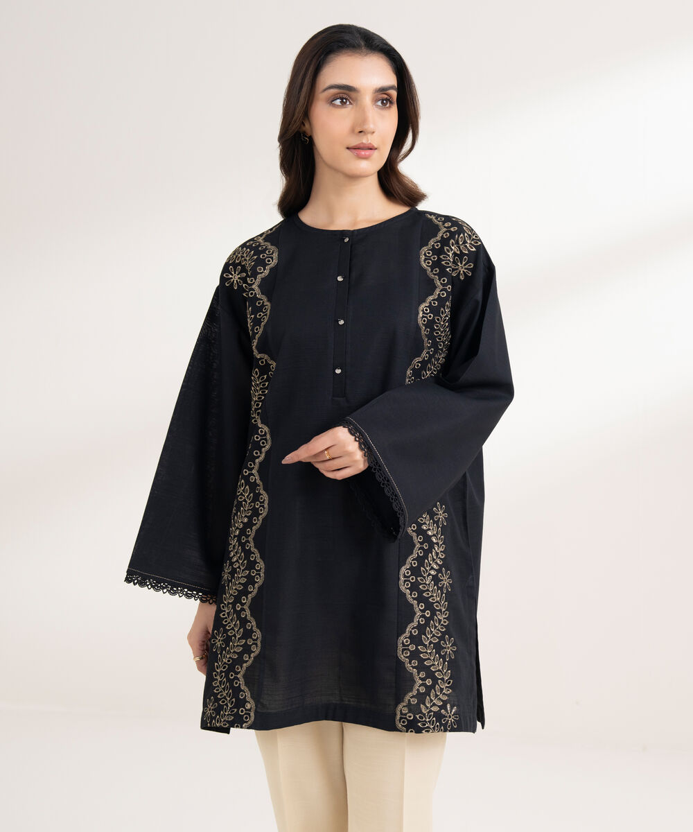 Women's RTW Light Khaddar Embroidered Straight Black Shirt