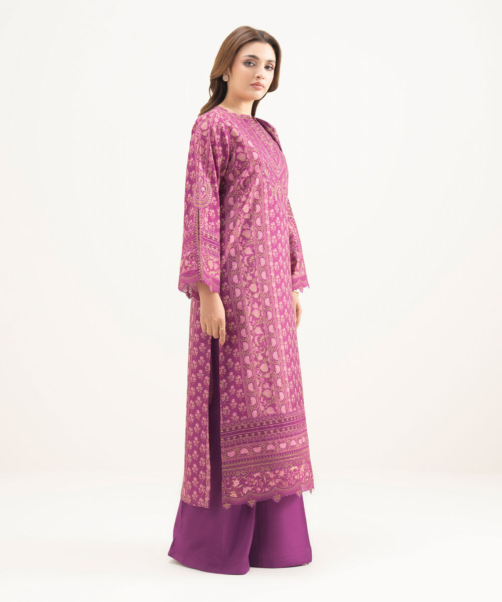 Women's Unstitched Blended Grip Silk Embroidered Purple 3 Piece Suit