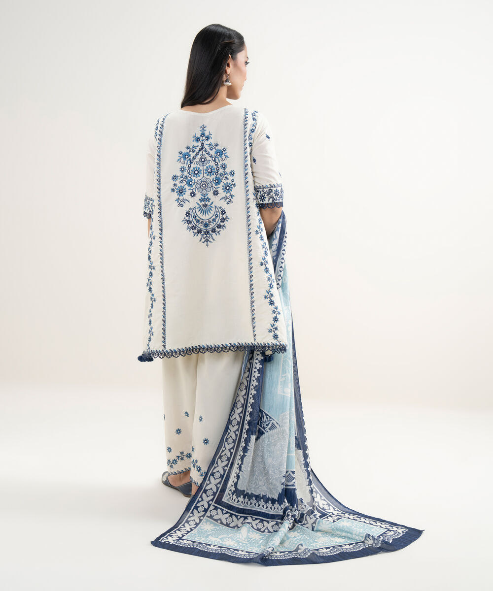 Women's RTW Zari Cotton Embroidered Blue 3 Piece Suit